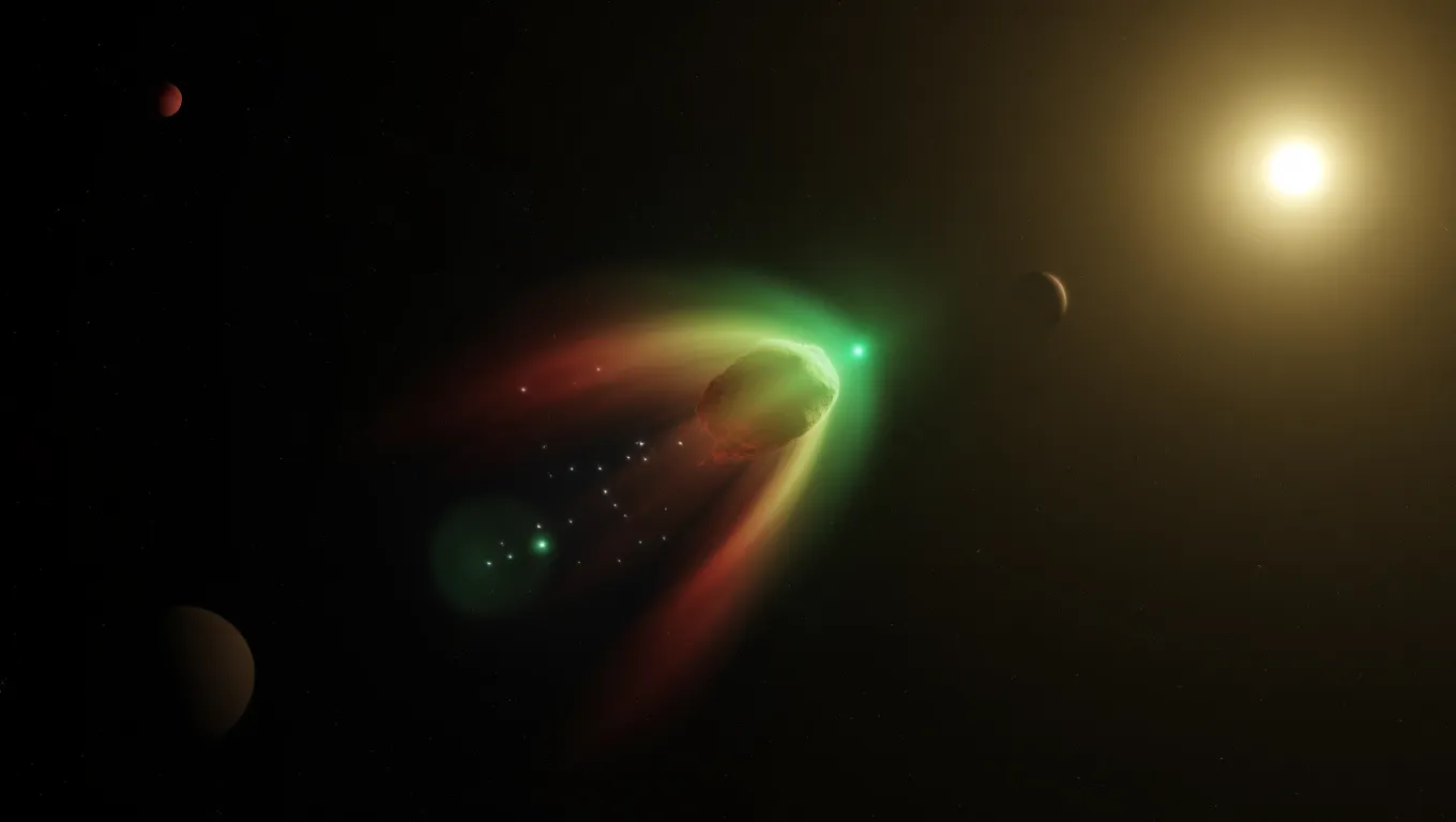 Illustration of comet 3I/ATLAS with a sunward coma glowing in space